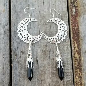 Large Filigree Crescent Moon Blue Sandstone Pendulum Dangle Earrings  Bohemian